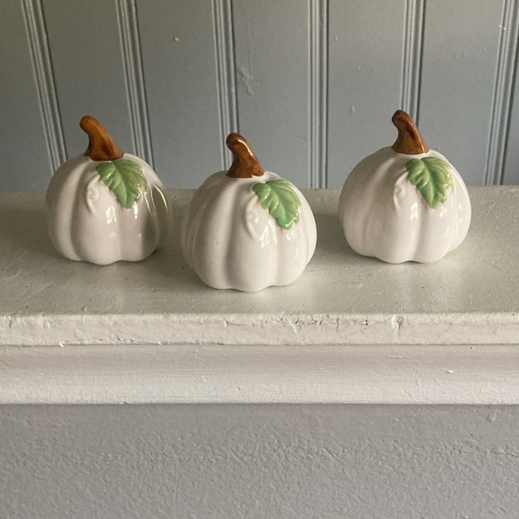 NWT- Set of 3- White- Green Leaf - Porcelain Glazed Fall Pumpkin Decorations 🍂 - Picture 14 of 16
